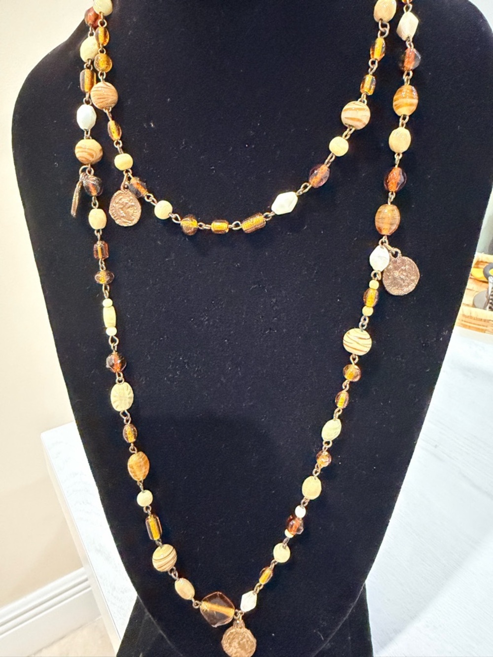 Beaded Long Necklace in Amber and Cream by
